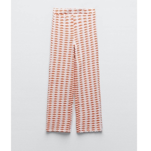 ❤️2/$50❤️[S] Zara Jaquered White Orange Pink Crochet Textured Wide Leg Pant - Picture 3 of 13